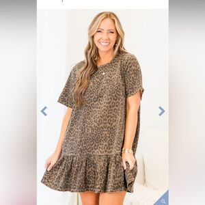 Chic Soul Denim Brown Leopard Print Short Sleeve Dress